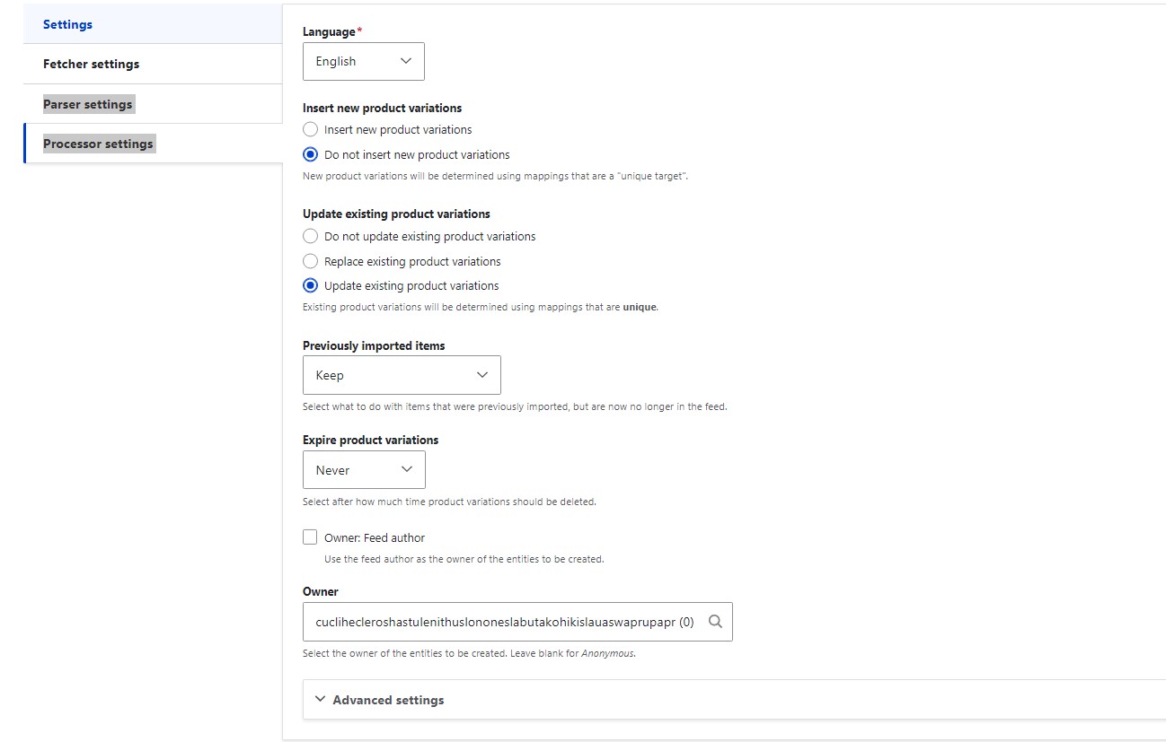 feeds commerce drupal processor settings